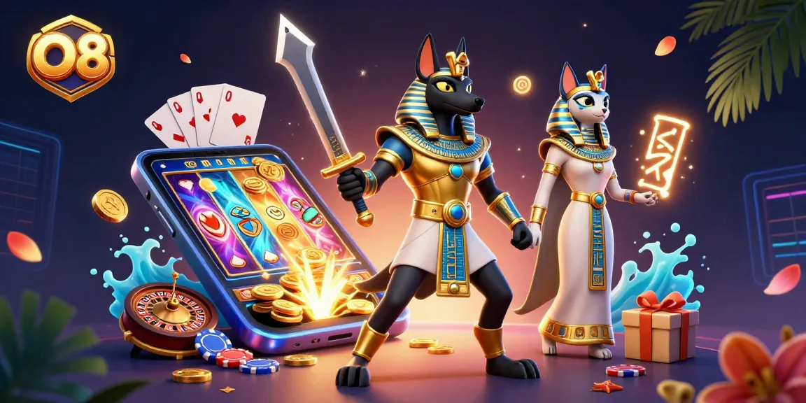 O8 offers thrilling gameplay with ancient Egyptian themes featuring Anubis and Bastet, vibrant slot visuals.