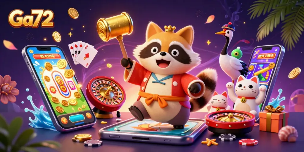 Experience thrilling cockfighting bets with Ga72's vibrant raccoon and samurai scene!
