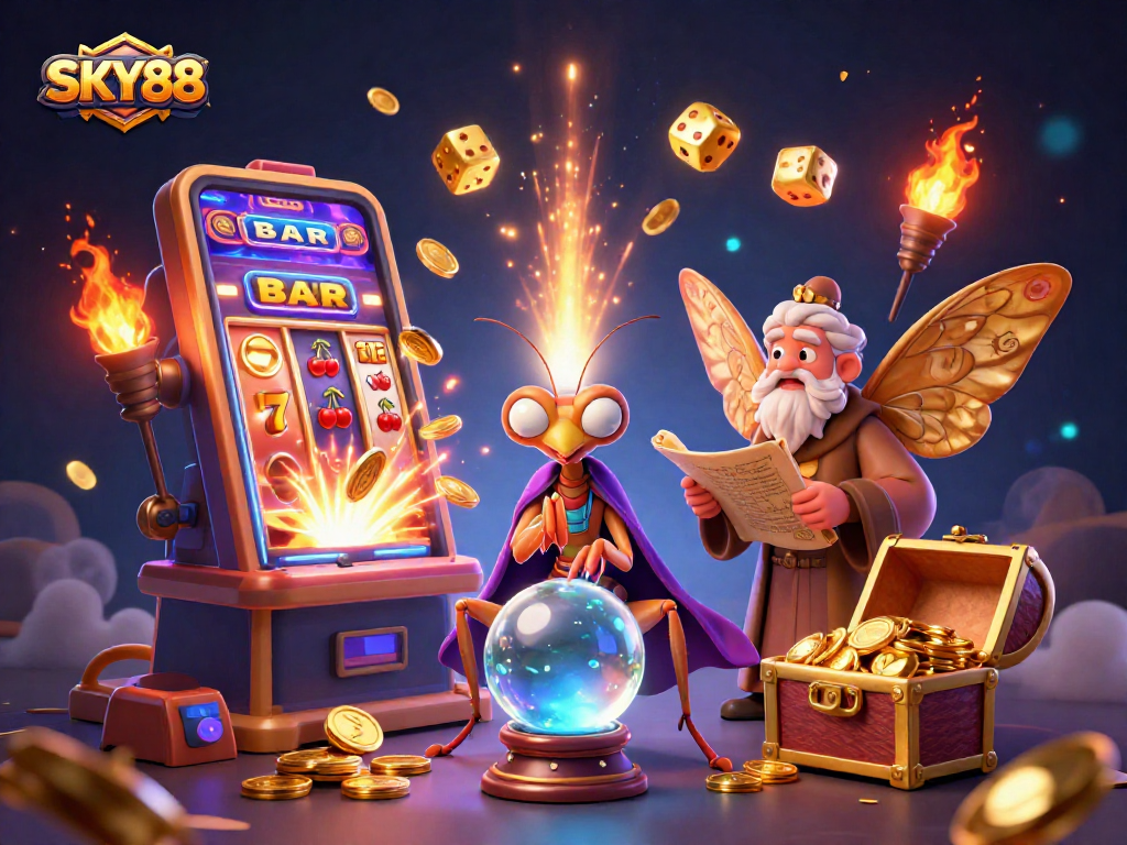 Experience thrilling casino excitement with SKY88 as fortune teller and wise moth aid luck in this magical scene.