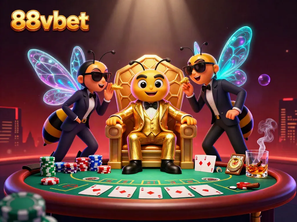 Play at 88vbet with a vibrant poker scene featuring a cartoon mob boss and colorful casino elements.