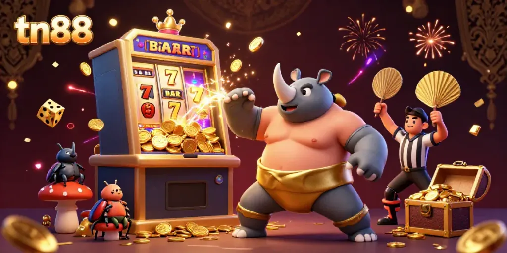 Experience thrilling tn88 gameplay with a dynamic scene of a beetle sumo champion and casino excitement.