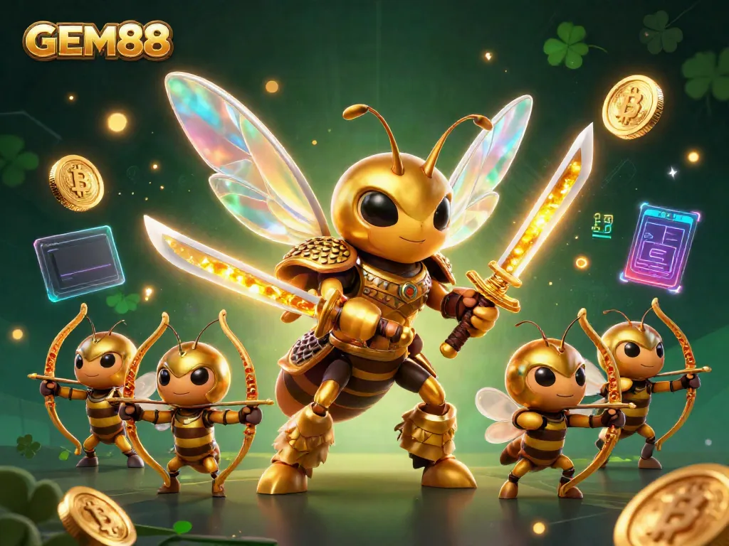 Experience the thrill of GEM88 with a vibrant 3D scene featuring a golden hornet samurai and crypto elements.