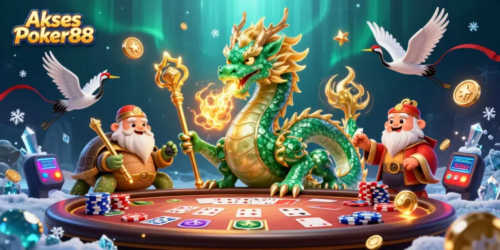 Engage with Akses Poker88 featuring a jade dragon, turtle sage, and lucky cranes in a vibrant casino scene.