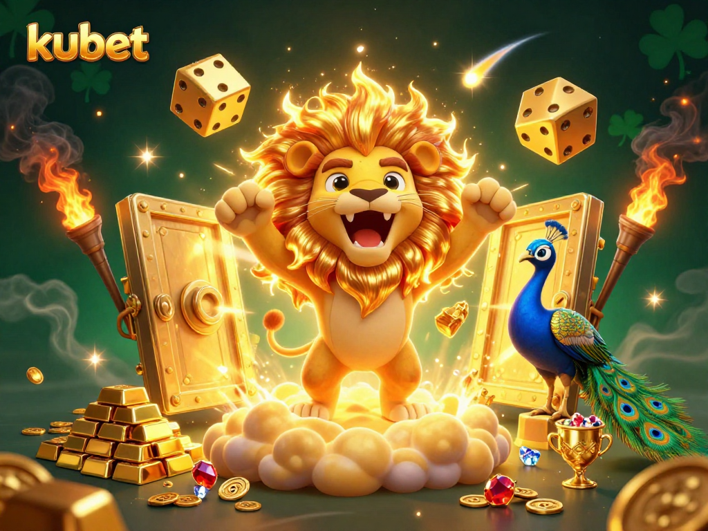 Experience kubet with the vibrant sun lion amidst dynamic casino elements and treasures.