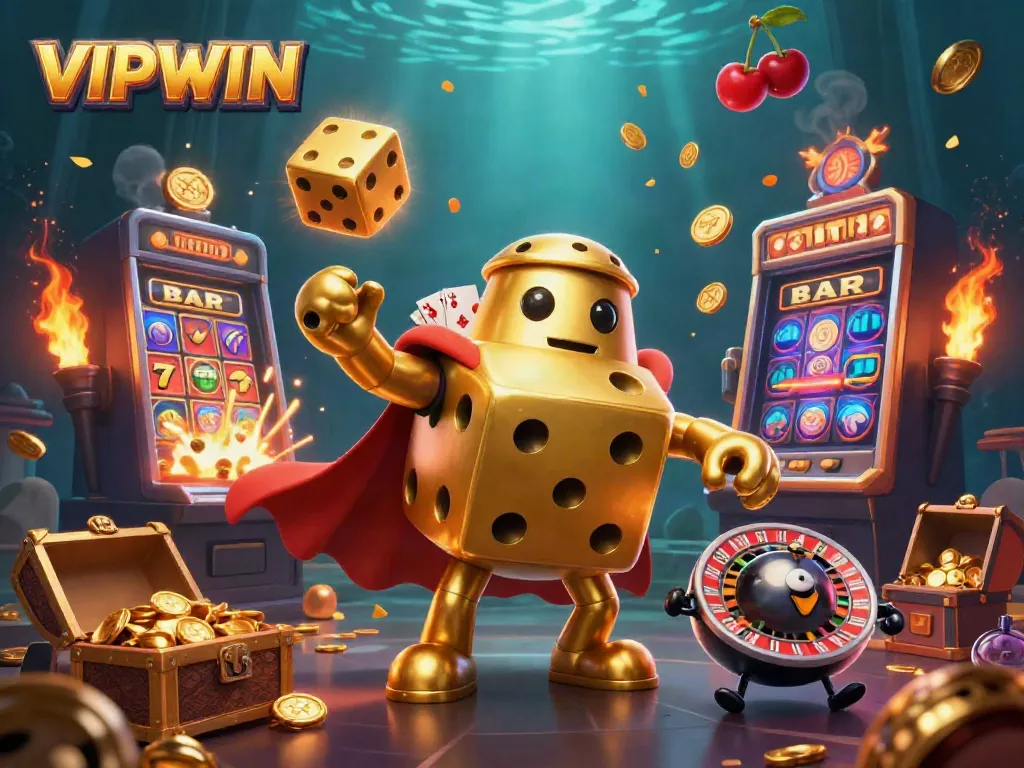 Experience the excitement of VIPWIN with a golden dice golem and jackpot explosion amid vibrant casino elements.