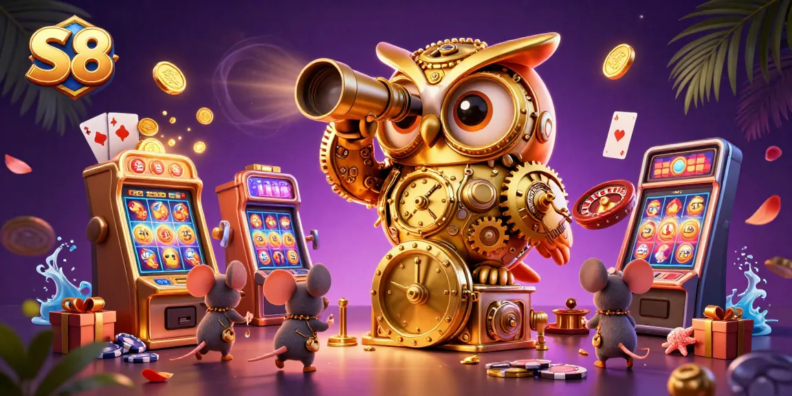 Experience S8's vibrant gaming universe with an owl overseeing the casino floor.