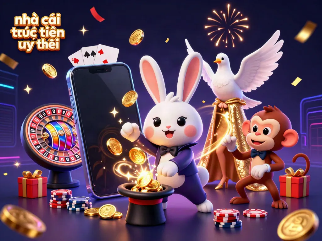 Engaging scene of nhà cái trực tuyến uy tín showcasing a magician rabbit and monkey amidst vibrant gambling elements.
