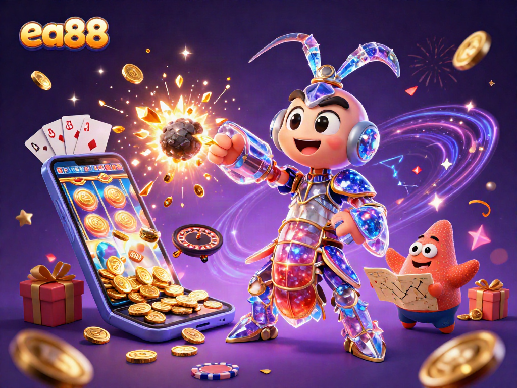 ea88 showcases a galactic samurai mantis shrimp in action, surrounded by vibrant casino elements.