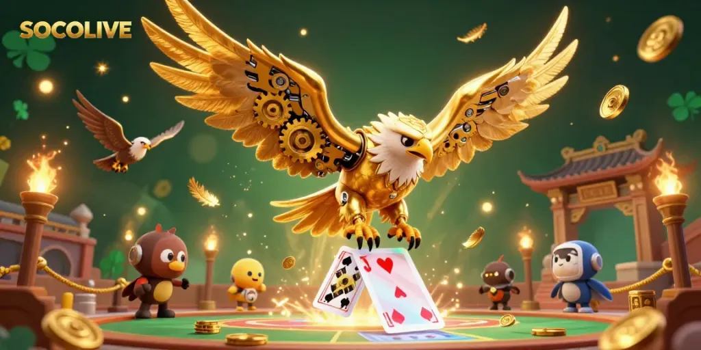 SOCOLIVE enhances your betting experience with an action-packed sports betting scene featuring a unique cybernetic eagle.