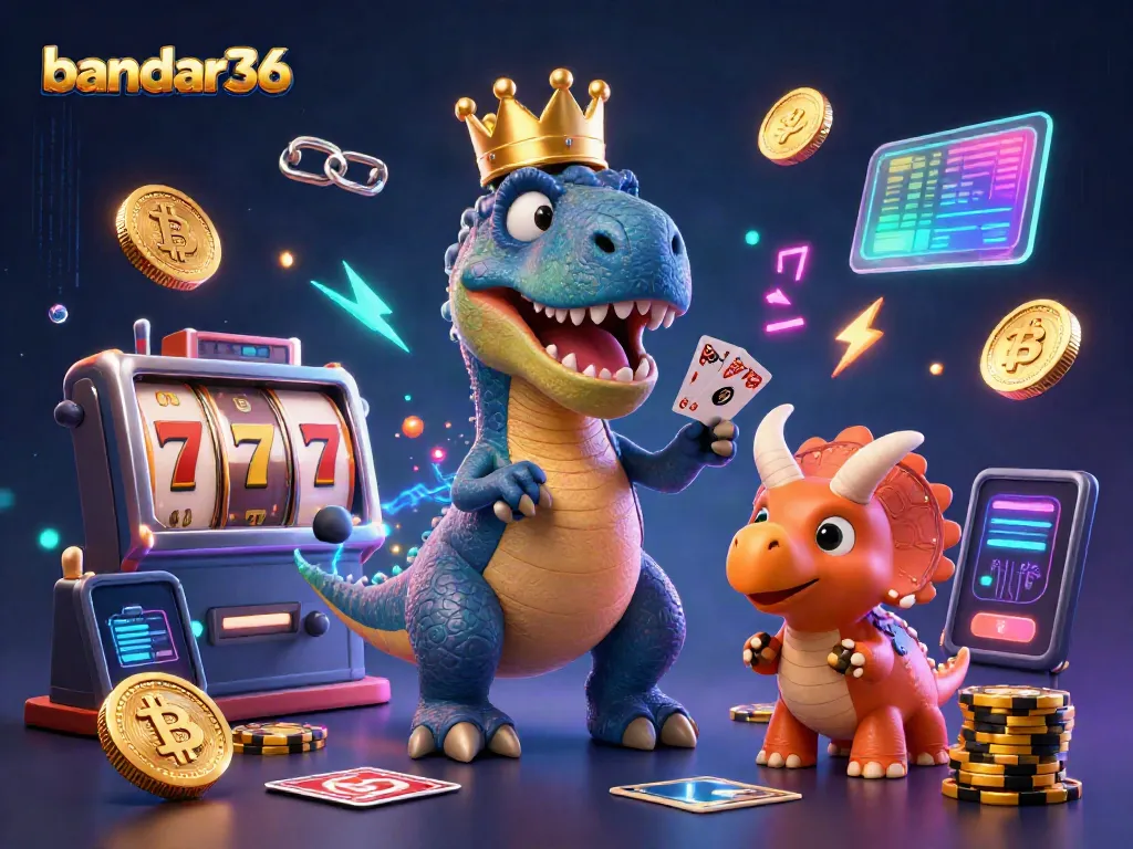 Bandar36 menghadirkan T-Rex lucu bermain kartu dan Triceratops menumpuk chip emas dalam suasana kasino.
