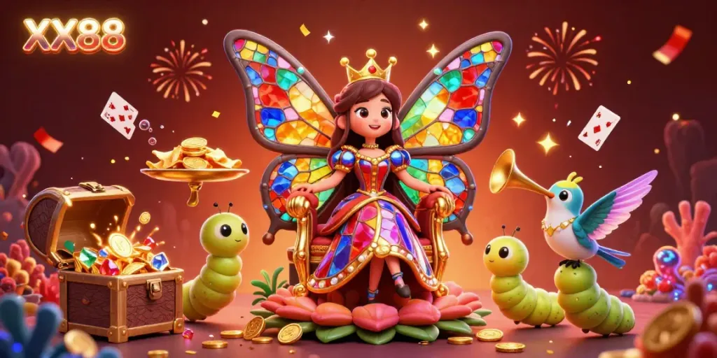 Experience the vibrant gameplay of XX88 with intricate elements like gold coins and colorful gems.