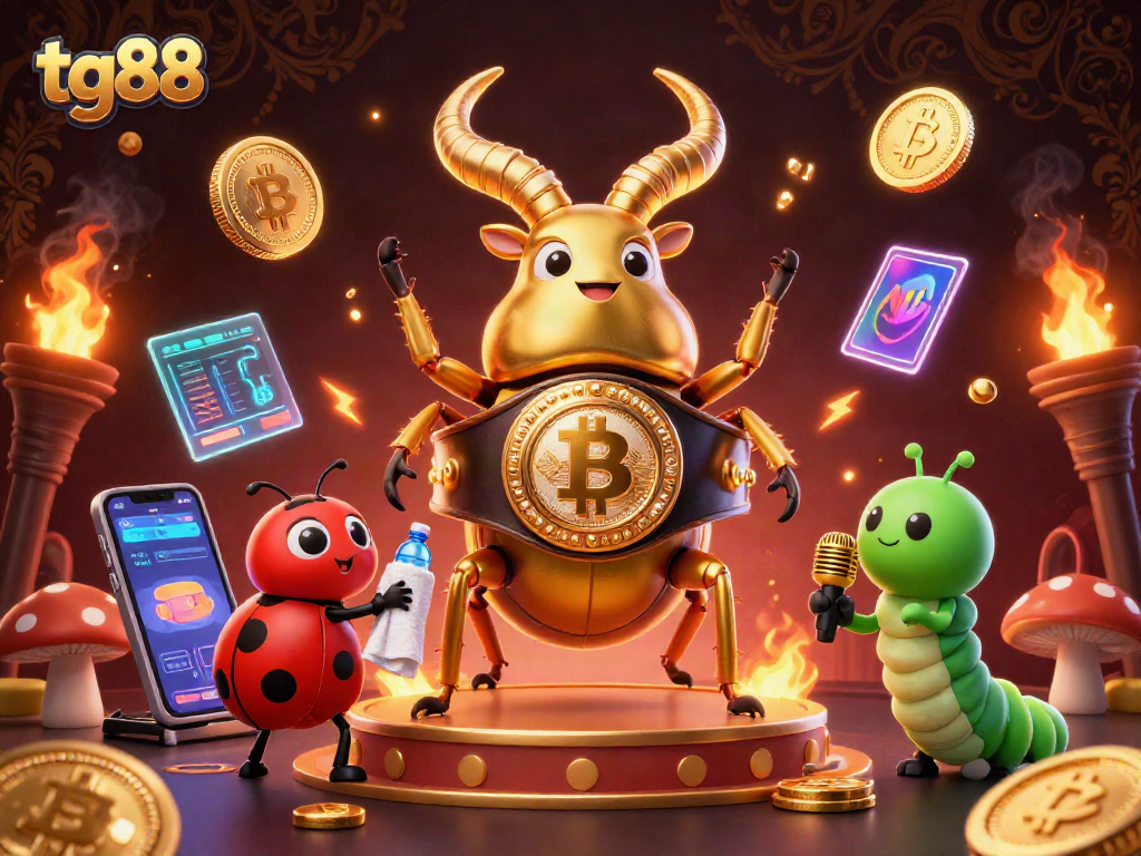 Engaging tg88 illustration showcasing a giant golden stag beetle champion amidst crypto coins and vibrant casino elements.