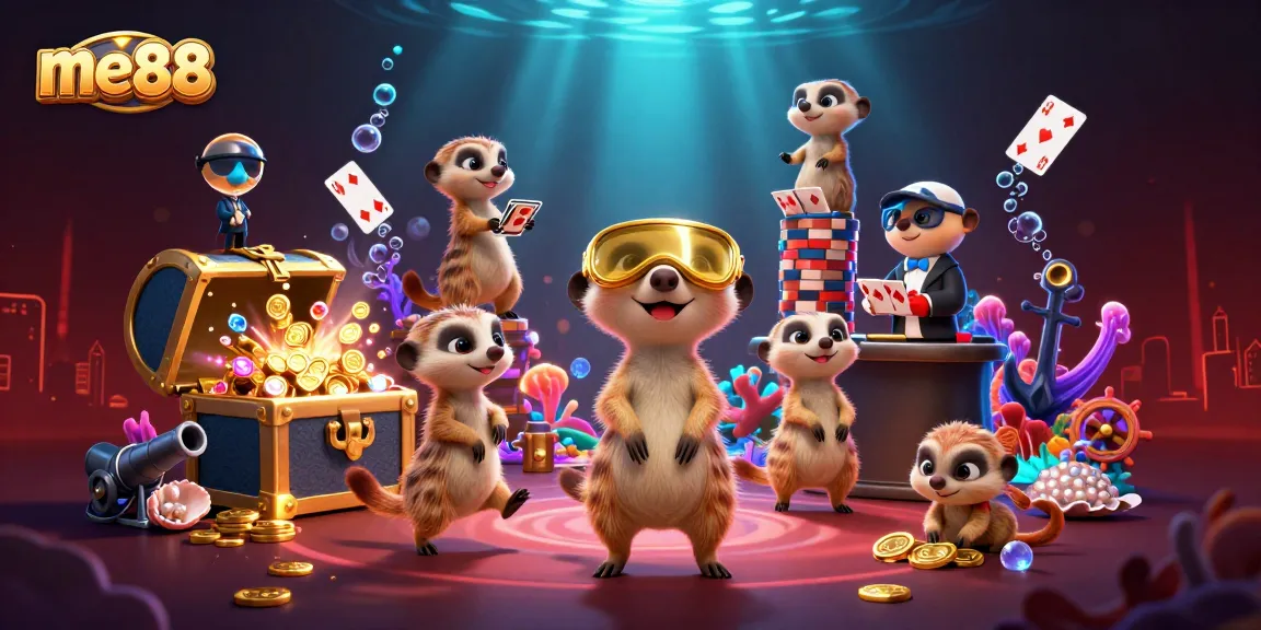 Engage with me88's vibrant cartoon casino scene featuring meerkats managing games and treasure.