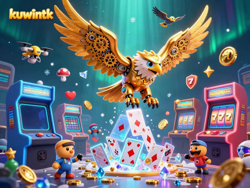 Experience the thrill of gambling with kuwintk in this dynamic casino scene featuring a cybernetic eagle and vibrant game elements.