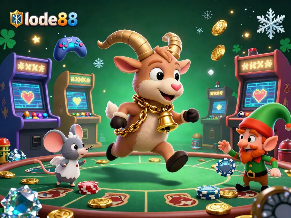 Experience the thrill of lode88 with a colorful 3D scene of festive gaming chaos featuring unique casino elements.