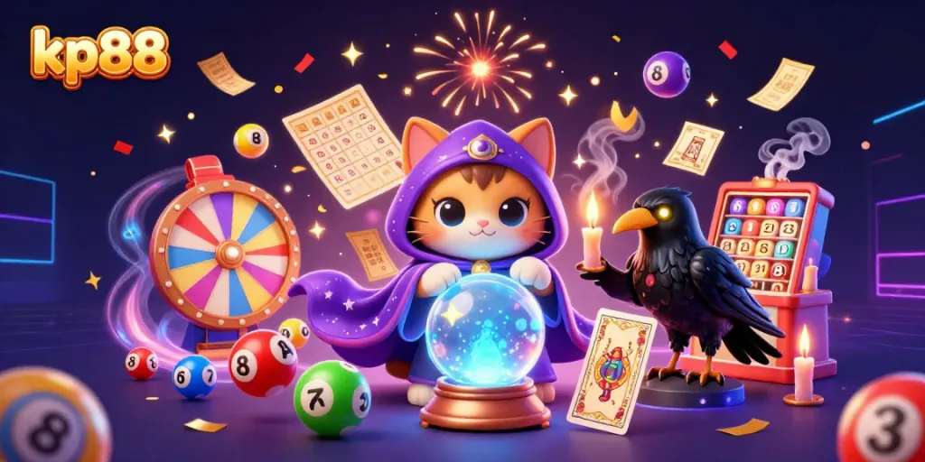 Engage with kp88's dynamic gaming experience featuring fortune teller cats and vibrant lottery elements.