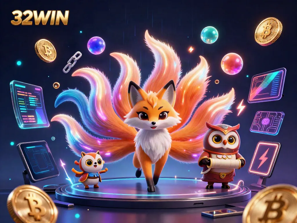 Experience the thrilling world of 32WIN with a vibrant digital scene featuring an enchanting nine-tailed fox and owl.
