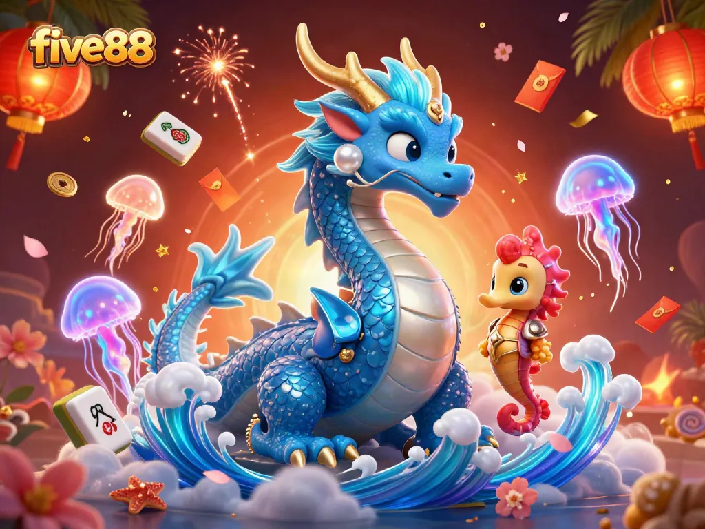 Experience the magical realm of five88 with a vibrant dragon and underwater knights in action.