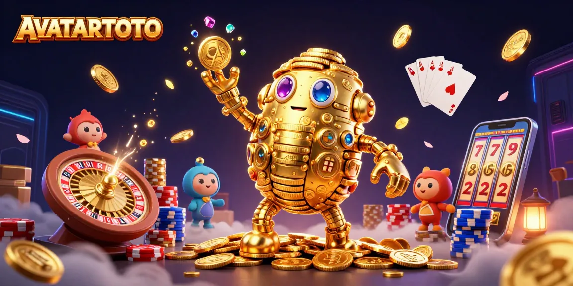 Experience the thrill of AVATARTOTO with a dynamic 3D scene of a golden golem amidst cascading coins and exciting casino elements.