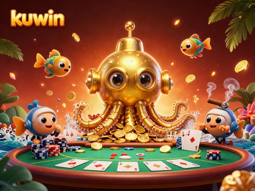 Engage in thrilling betting adventures with kuwin-themed 3D golden kraken and poker elements.