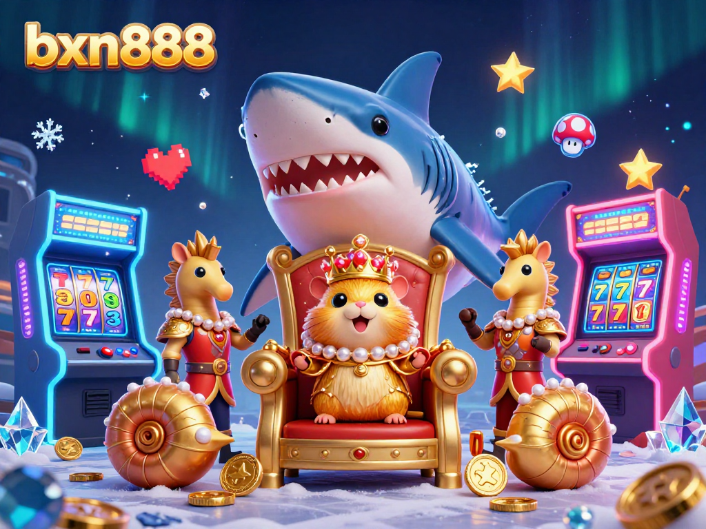 Join the action at bxn888 with the fierce golden hamster king surrounded by vibrant casino games.