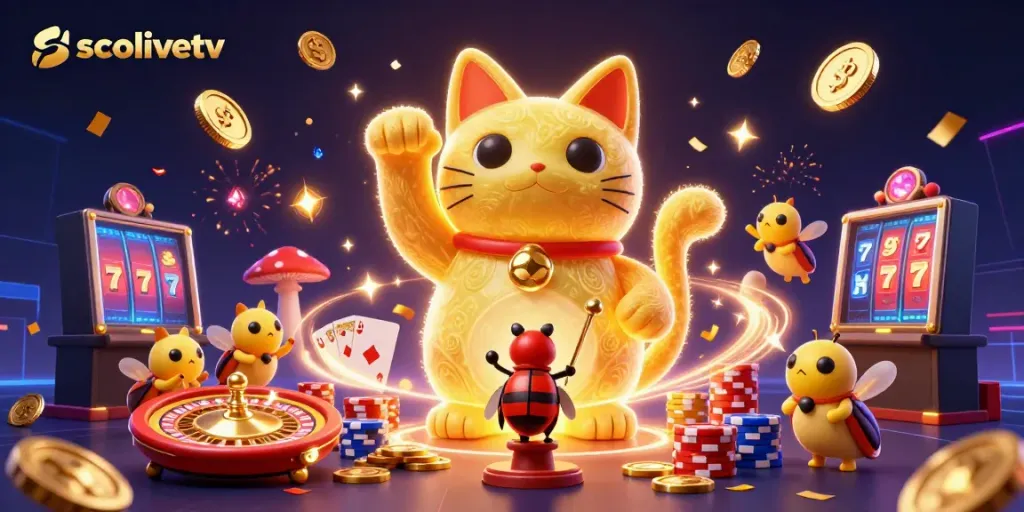 Experience the thrill of socolivetv with dynamic casino elements in this vibrant, 3D cartoon illustration.