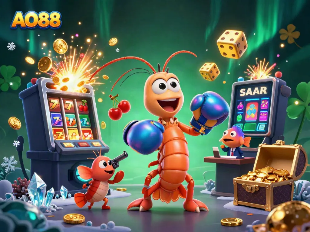 Experience the thrill of winning at AO88 with a vibrant 3D illustration of a mantis shrimp, pistol shrimp, and coral grouper amidst dynamic casino elements.