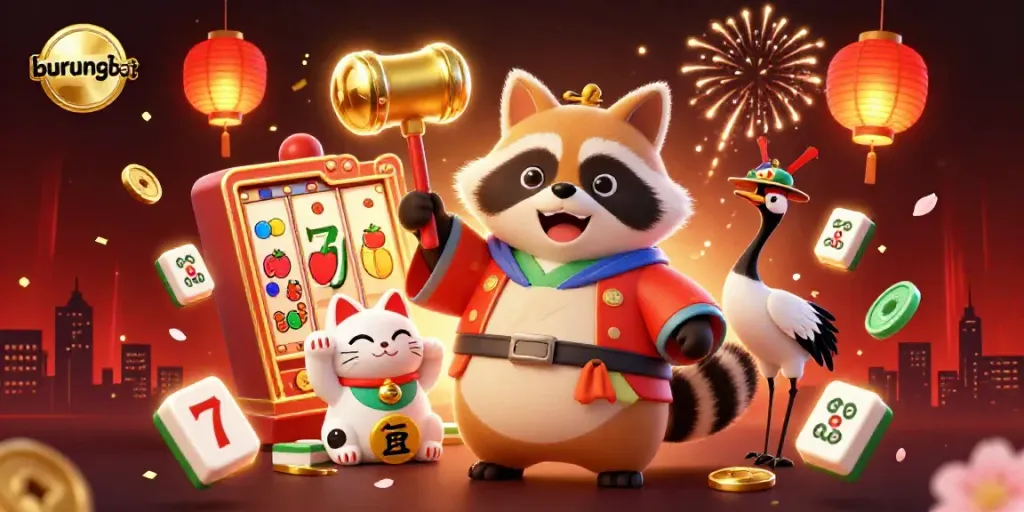 Play slots with burungbet as a joyful tanuki and crane celebrate with colorful lucky charms.