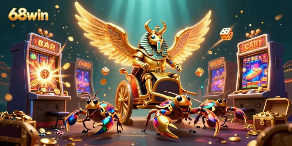 Experience winning moments with 68win as vibrant slot machines burst with coins in a captivating casino scene.