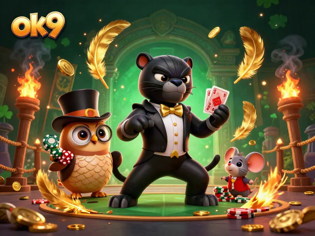 Experience thrill and strategy with ok9 as the lucky panther deals cards in a vibrant casino scene.