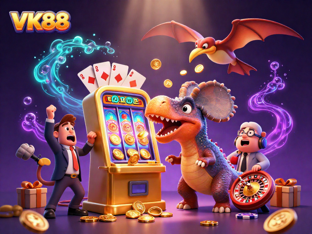 VK88 jackpot scene with colorful coins and a playful dinosaur theme.