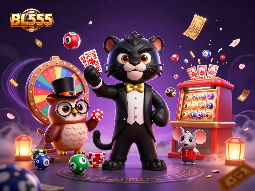 Engage in exciting gaming moments with BL555's vibrant 3D casino scene featuring lively characters and dynamic elements.