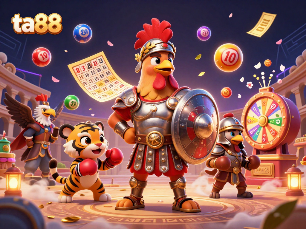 ta88 launches a lively scene with a gladiator rooster and vibrant casino elements.