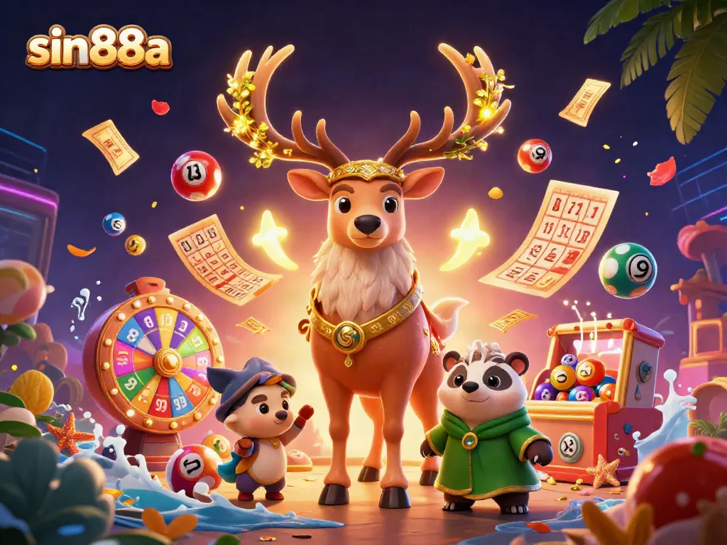 Engage with thrilling games at sin88a, showcasing a vibrant 3D casino scene with dynamic lottery elements.