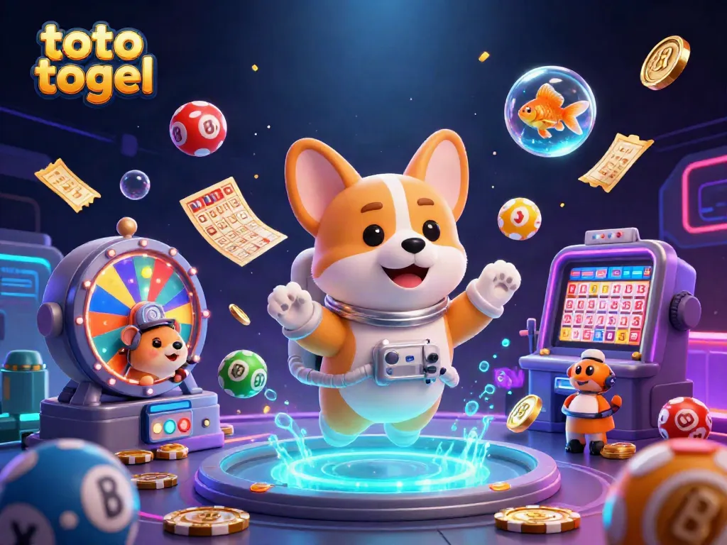 Engage in thrilling toto togel action with our floating 3D astronaut corgi in a vibrant space casino scene.