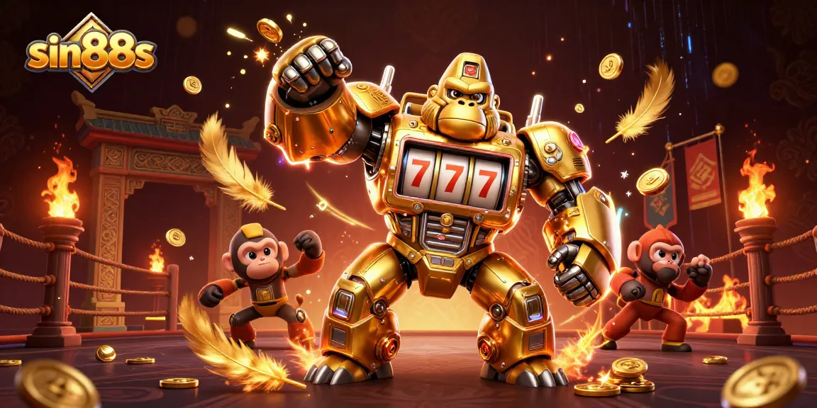 Experience thrilling slots action with sin88s, featuring a golden gorilla mech amidst vibrant casino elements.