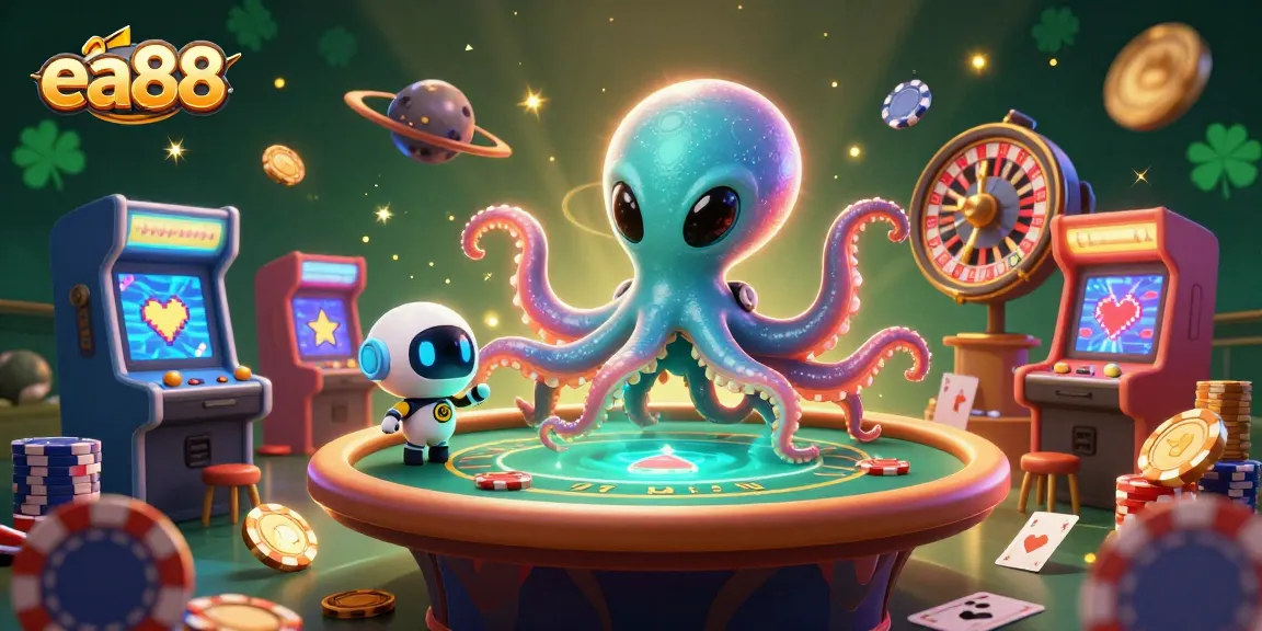 ea88 alien octopus plays poker with a tiny robot, capturing the excitement of gaming.