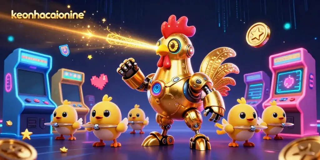 Engage with keonhacaionline through a vibrant 3D illustration featuring a golden rooster robot surrounded by arcade games.