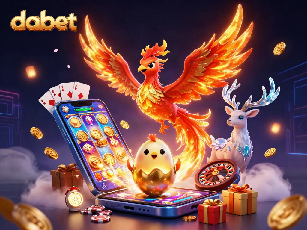 Engage in thrilling gaming adventures at DABET with a vibrant phoenix, enchanting stag, and premium casino elements.
