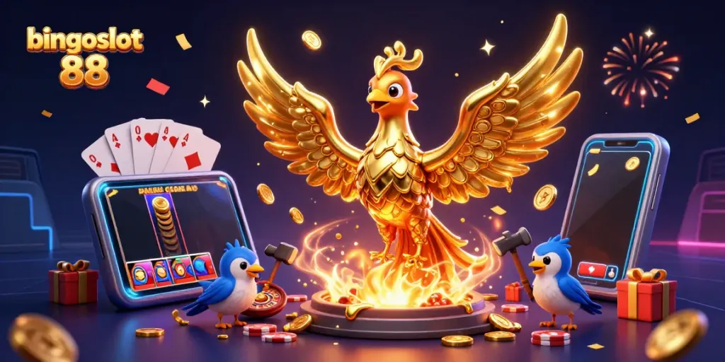 Menang di bingoslot 88 dengan gambar ilustrasi 3D yang penuh warna dan bersemangat, menampilkan phoenix emas dan elemen permainan slot.