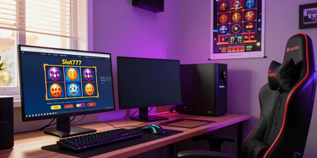 Engaging Slot777 online gaming setup with vibrant graphics and modern accessories.