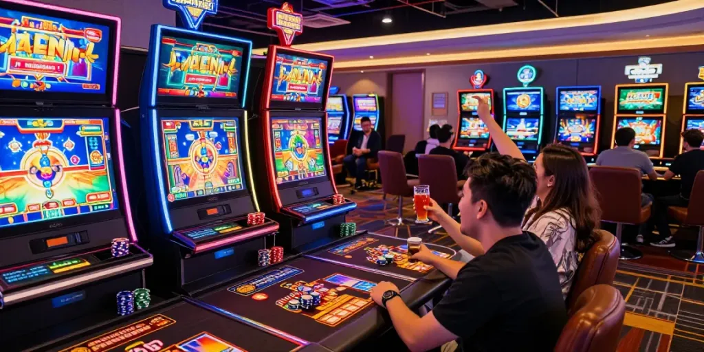 Exciting online gaming atmosphere at lumbung88 with players enjoying vibrant slots and neon lights.