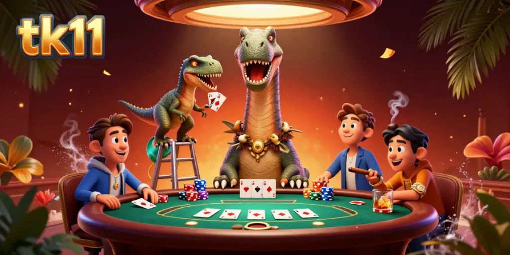 Experience thrilling gameplay with tk11 in a vibrant 3D casino scene featuring unique characters.