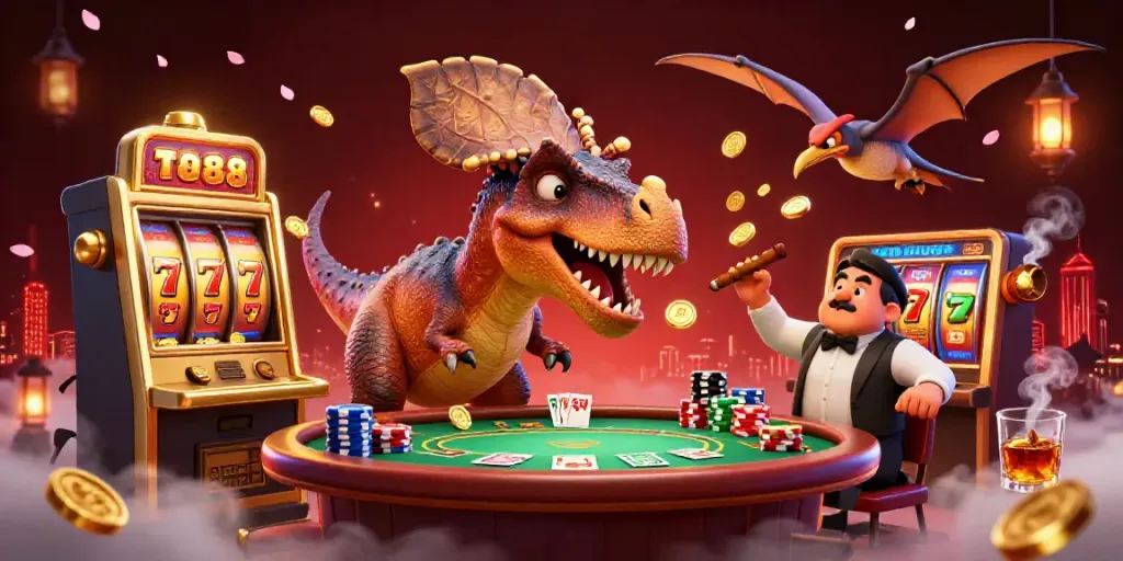 Experience the excitement of tn88 with a pachycephalosaurus winning a jackpot from a golden slot machine in a vibrant casino scene.