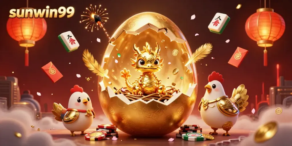 Experience excitement with sunwin99's golden dragon and vibrant casino elements in a magical scene.