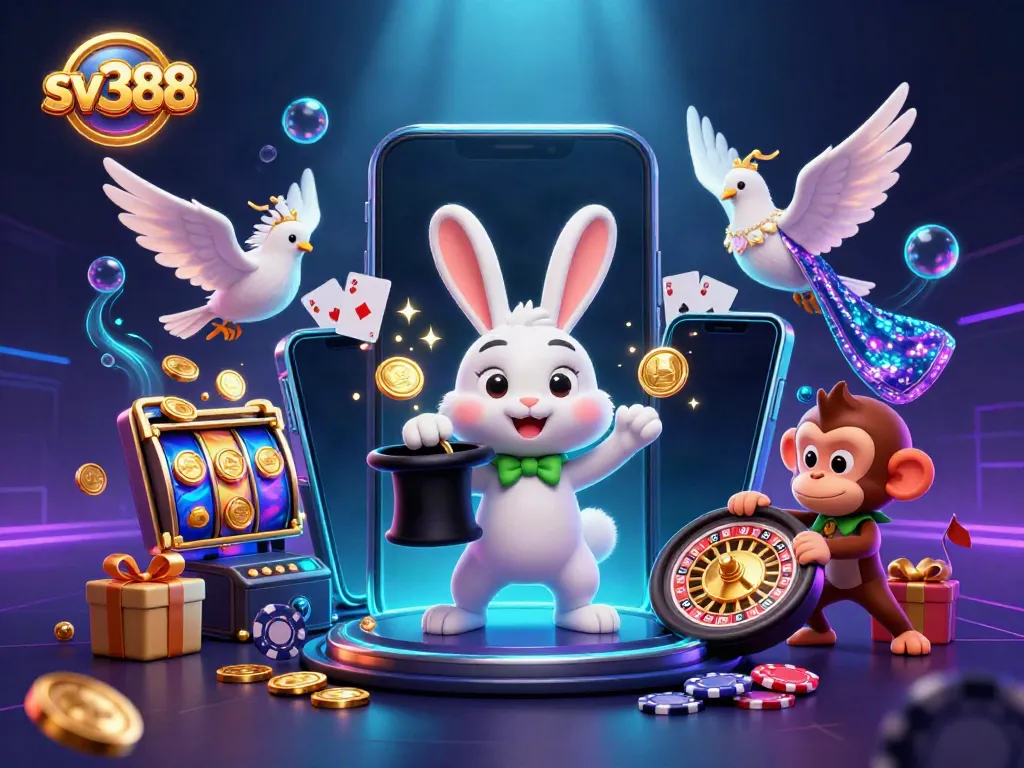 Experience thrilling gameplay with sv388 featuring a magician rabbit, golden coins, and dynamic casino elements.