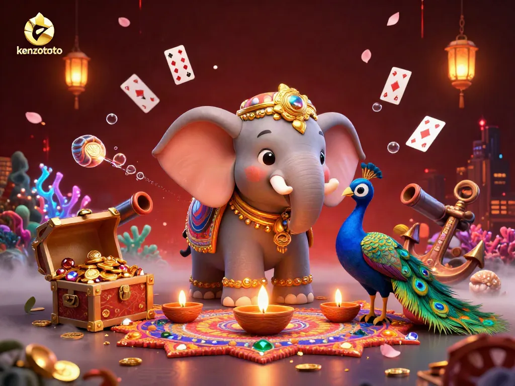 Engage in exciting arcade gaming with kenzototo, featuring a colorful elephant, peacock, and dynamic treasures.