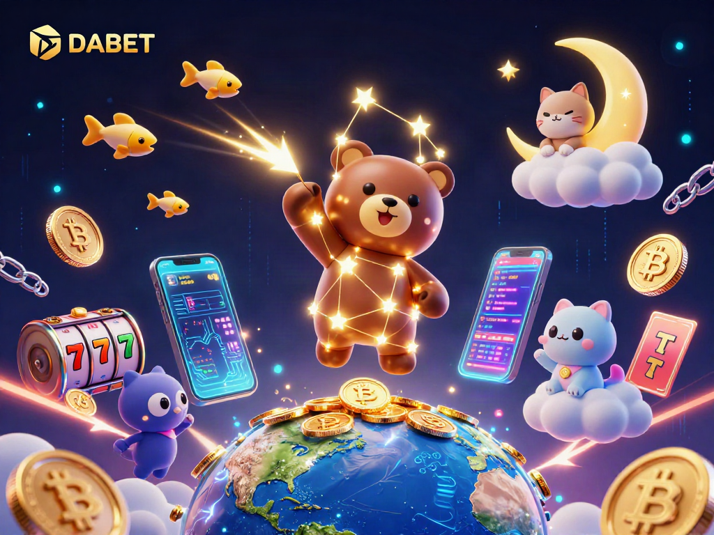 DABET showcases a cosmic bear and friends in a vibrant casino-themed illustration, celebrating online gambling.