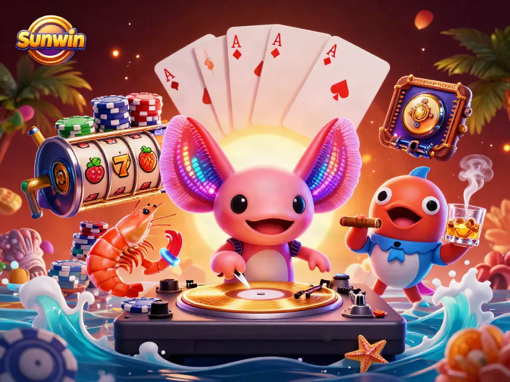 Experience the excitement of sunwin's vivid casino atmosphere with neon axolotl DJ spinning winning reels.