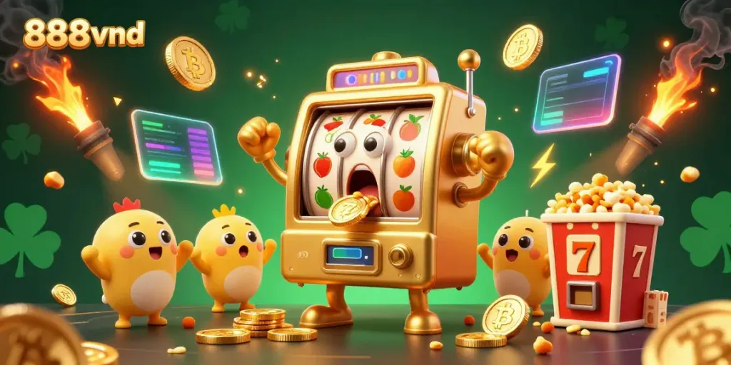 Experience winning thrills at 888vnd as a golden slot machine hits the jackpot, surrounded by cheering companions and crypto elements.